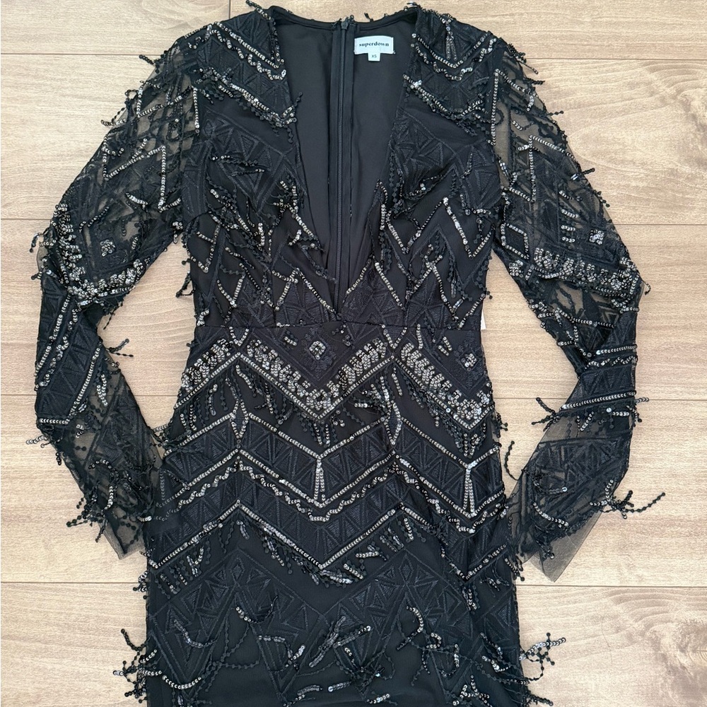 Black Beaded Long Sleeve Dress
